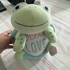Earth Nymph Plush Sea Turtle Ocean Love Embordered 10 inch Flower Toy Green